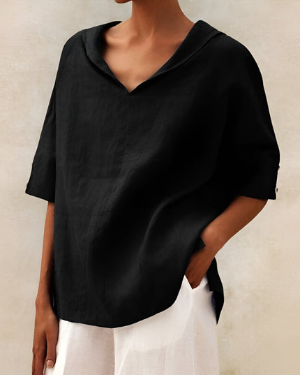 Women's Linen Oversized Top with Collar V-Neck and Button-Tab Sleeves