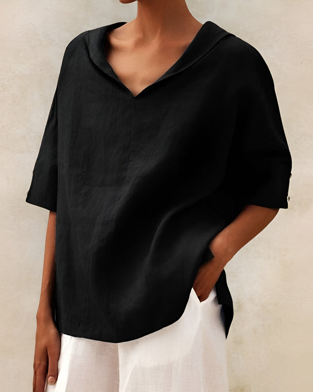 Women's Linen Oversized Top with Collar V-Neck and Button-Tab Sleeves