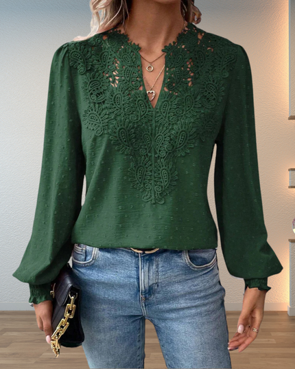 Women's Swiss Dot Blouse with Lace Yoke and Smocked Cuffs