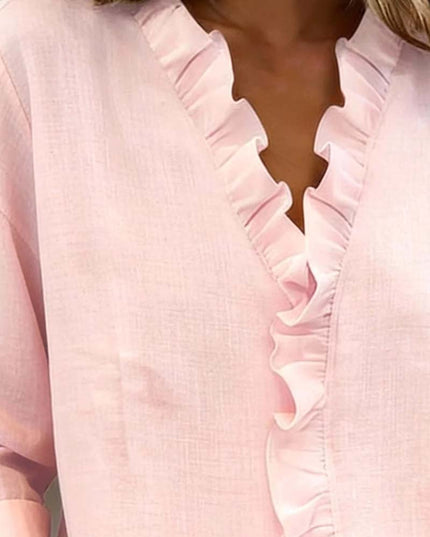 Women's Linen-Look Blouse with V-Neck Ruffle Trim and Turnback Cuffs