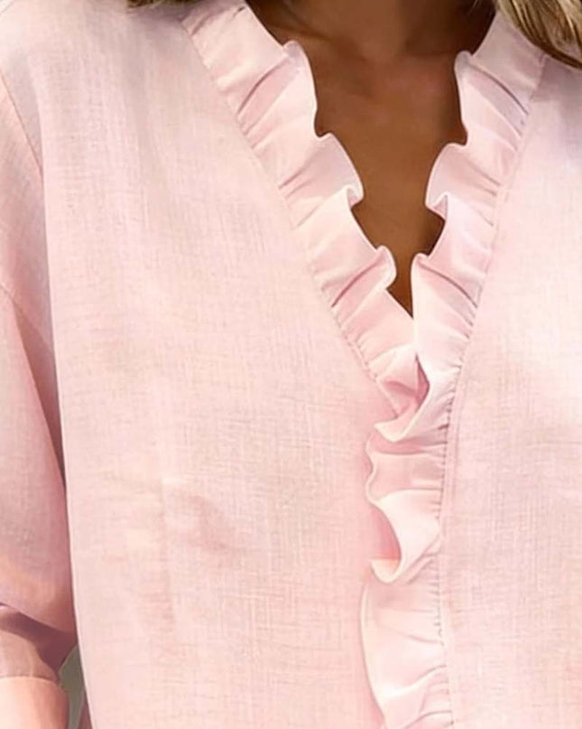 Women's Linen-Look Blouse with V-Neck Ruffle Trim and Turnback Cuffs