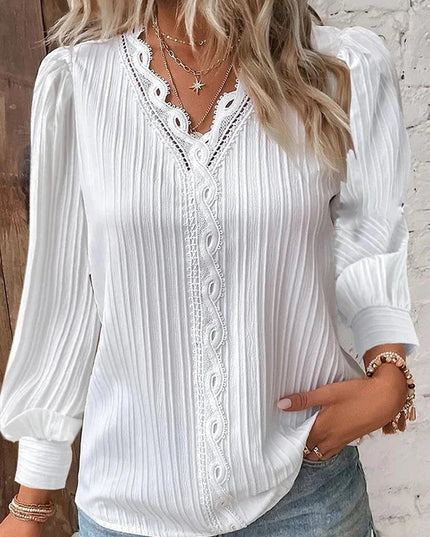 Women's Textured Blouse with V-Neck Lace Trim and Puff Sleeves
