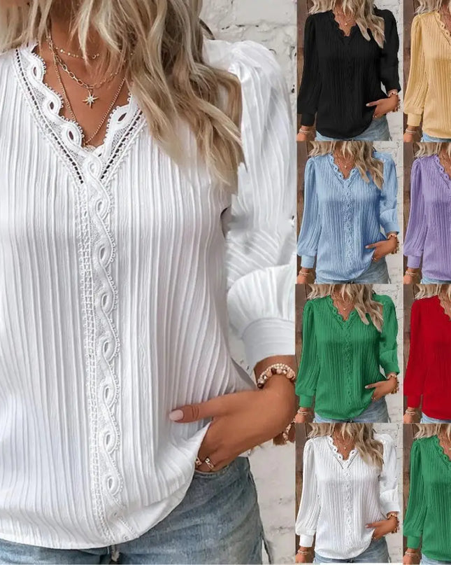 Women's Textured Blouse with V-Neck Lace Trim and Puff Sleeves