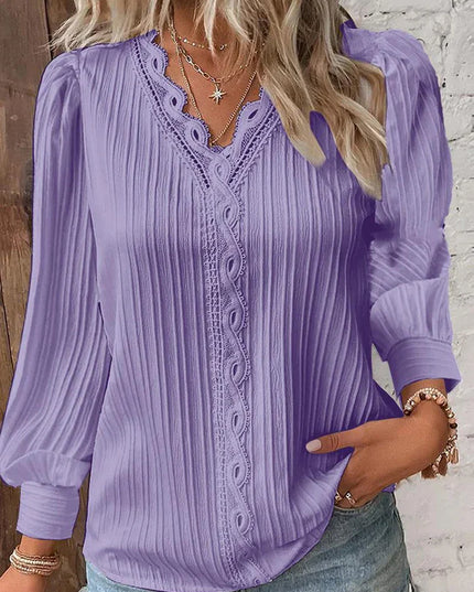 Women's Textured Blouse with V-Neck Lace Trim and Puff Sleeves