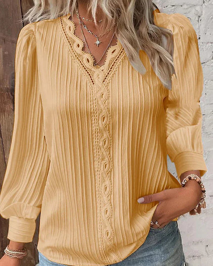 Women's Textured Blouse with V-Neck Lace Trim and Puff Sleeves