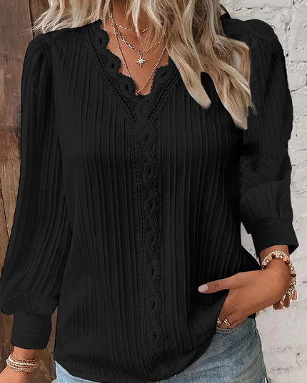 Women's Textured Blouse with V-Neck Lace Trim and Puff Sleeves