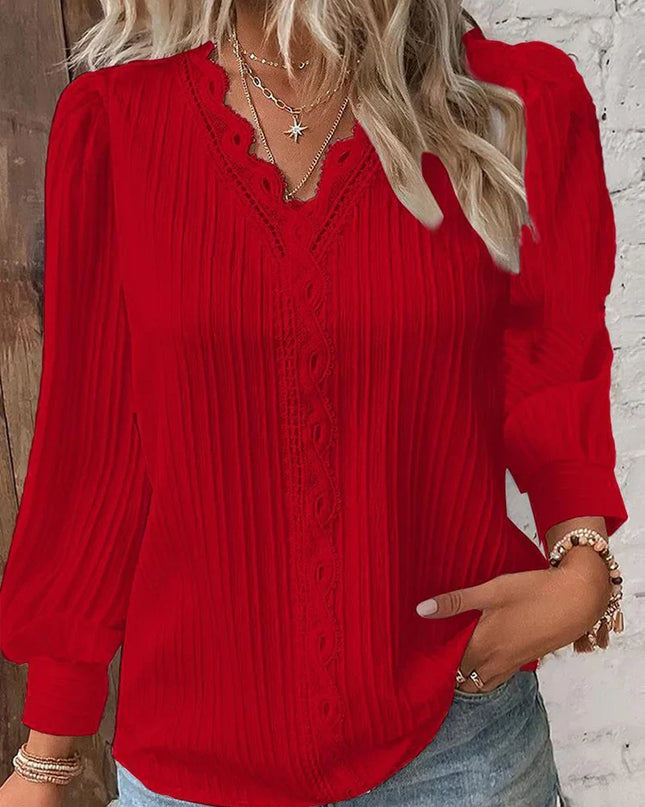 Women's Textured Blouse with V-Neck Lace Trim and Puff Sleeves