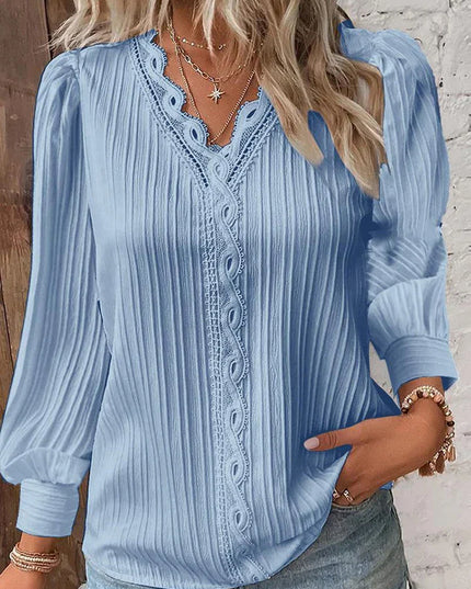Women's Textured Blouse with V-Neck Lace Trim and Puff Sleeves