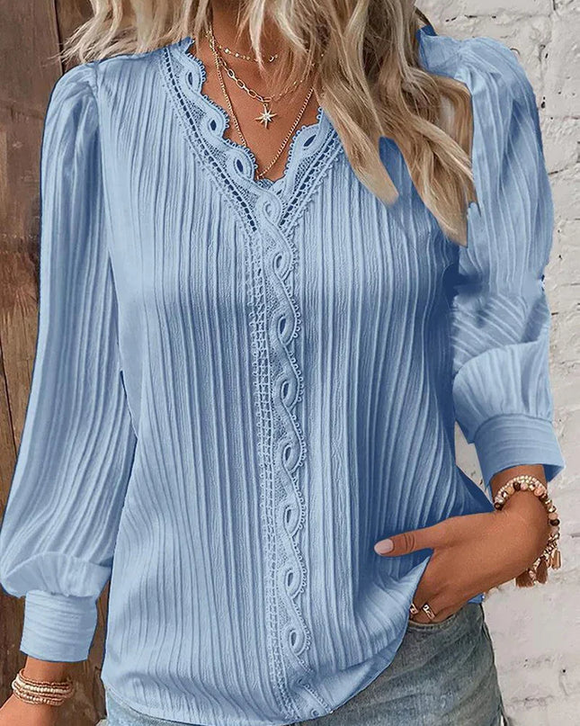 Women's Textured Blouse with V-Neck Lace Trim and Puff Sleeves
