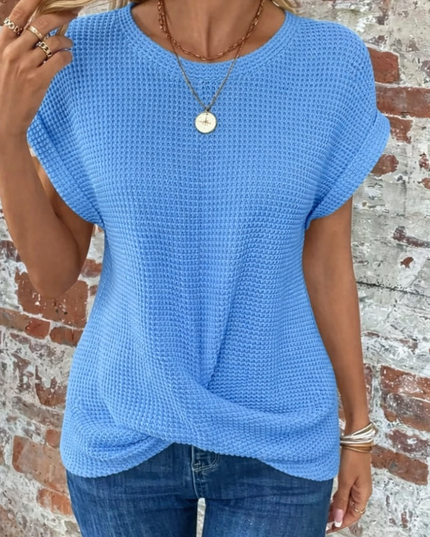 Women's Waffle Knit Top with Twist Hem and Rolled Cap Sleeves