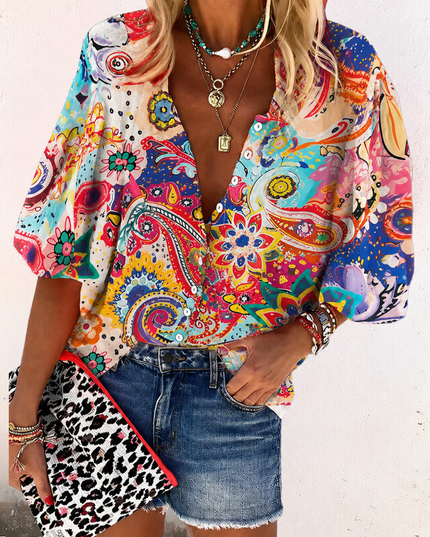 Women's Vintage Floral Print Button-Down Blouse with Flared Sleeves