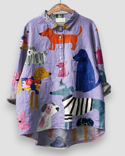 Women's Illustrated Dog Print Linen-Look Shirt with Point Collar