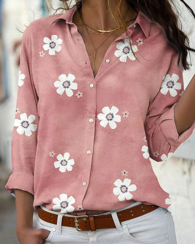 Women's Scattered Floral Print Shirt with Point Collar and Button Front