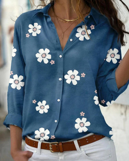 Women's Scattered Floral Print Shirt with Point Collar and Button Front