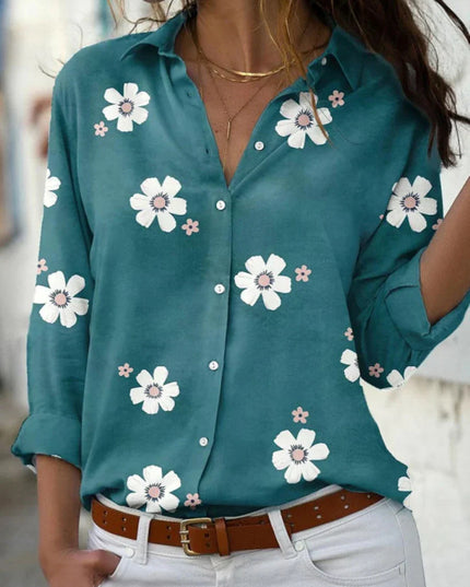 Women's Scattered Floral Print Shirt with Point Collar and Button Front