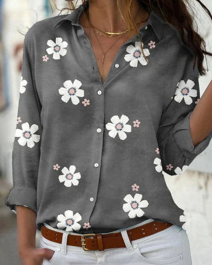 Women's Scattered Floral Print Shirt with Point Collar and Button Front