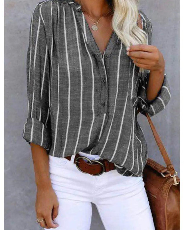 Women's Vertical Stripe Linen-Look Blouse with V-Neck Button Placket
