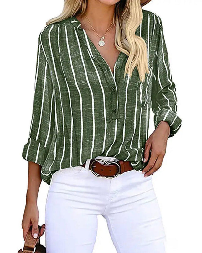Women's Vertical Stripe Linen-Look Blouse with V-Neck Button Placket