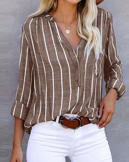 Women's Vertical Stripe Linen-Look Blouse with V-Neck Button Placket