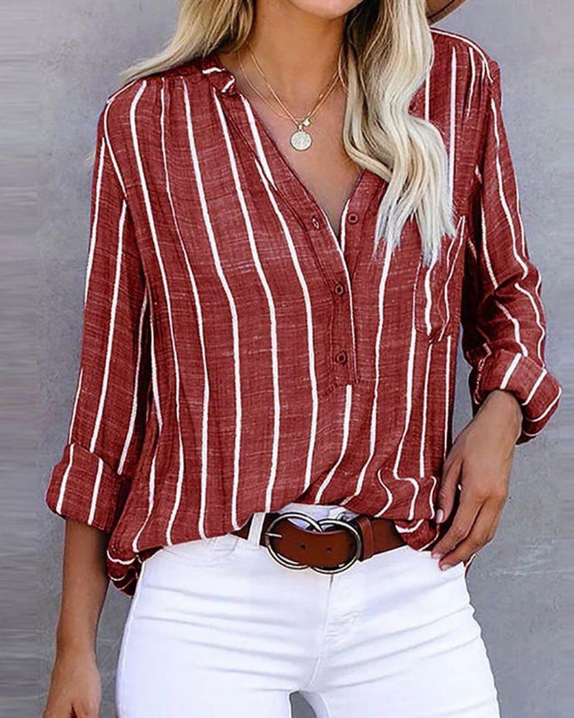 Women's Vertical Stripe Linen-Look Blouse with V-Neck Button Placket