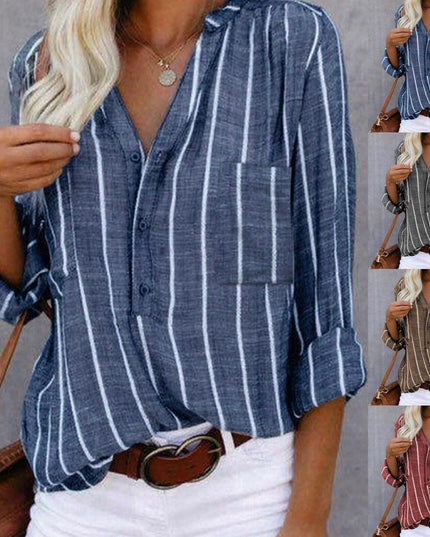 Women's Vertical Stripe Linen-Look Blouse with V-Neck Button Placket