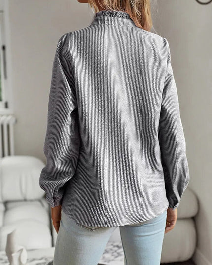 Women's Textured Button-Down Blouse with Ruffle Trim Collar and Placket