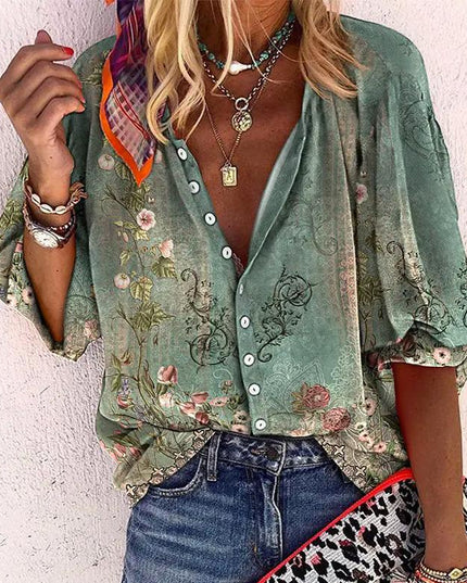 Women's Vintage Floral Print Button-Down Blouse with Flared Sleeves