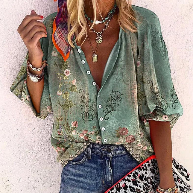 Women's Vintage Floral Print Button-Down Blouse with Flared Sleeves
