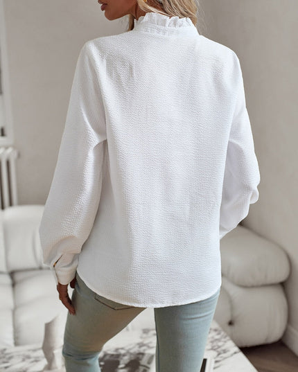 Women's Textured Button-Down Blouse with Ruffle Trim Collar and Placket