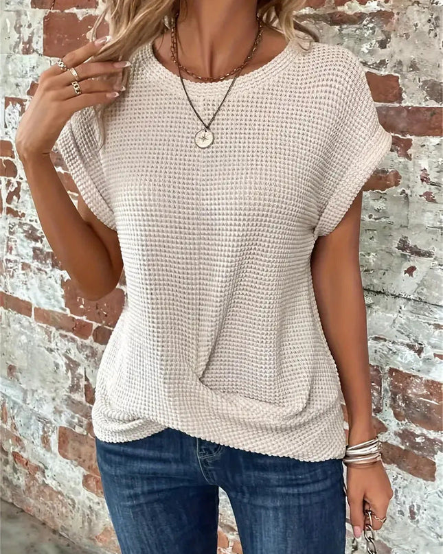 Women's Waffle Knit Top with Twist Hem and Rolled Cap Sleeves
