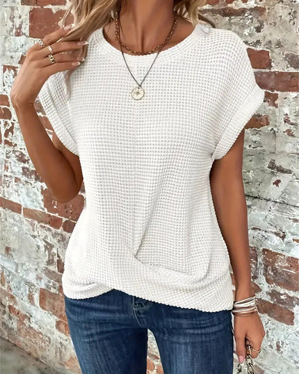 Women's Waffle Knit Top with Twist Hem and Rolled Cap Sleeves