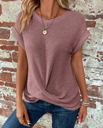Women's Waffle Knit Top with Twist Hem and Rolled Cap Sleeves