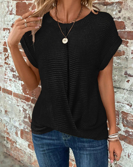 Women's Waffle Knit Top with Twist Hem and Rolled Cap Sleeves