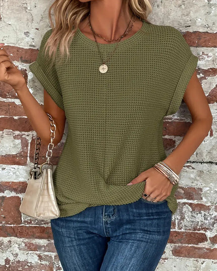 Women's Waffle Knit Top with Twist Hem and Rolled Cap Sleeves
