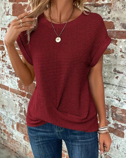 Women's Waffle Knit Top with Twist Hem and Rolled Cap Sleeves