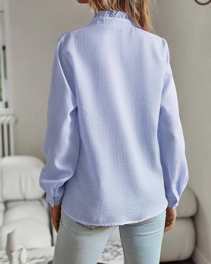Women's Textured Button-Down Blouse with Ruffle Trim Collar and Placket