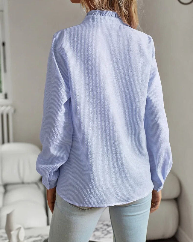 Women's Textured Button-Down Blouse with Ruffle Trim Collar and Placket