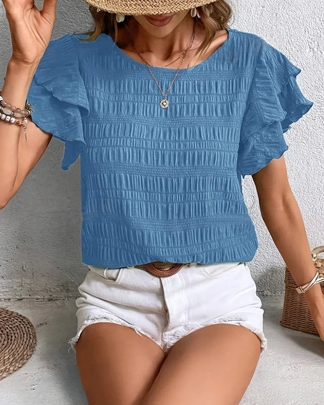Women's Smocked Bodice Top with Layered Ruffle Sleeves