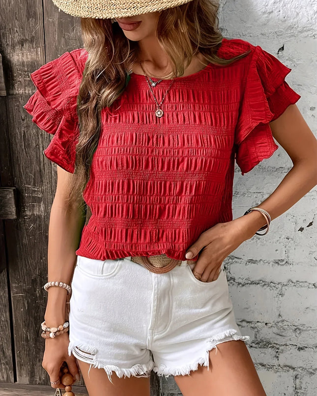 Women's Smocked Bodice Top with Layered Ruffle Sleeves