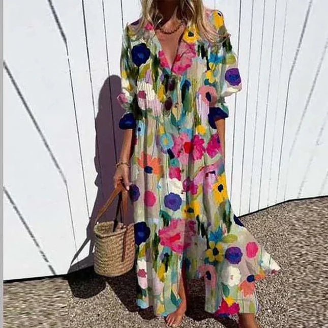 Savannah | Watercolor Floral Maxi Dress with V-Neckline