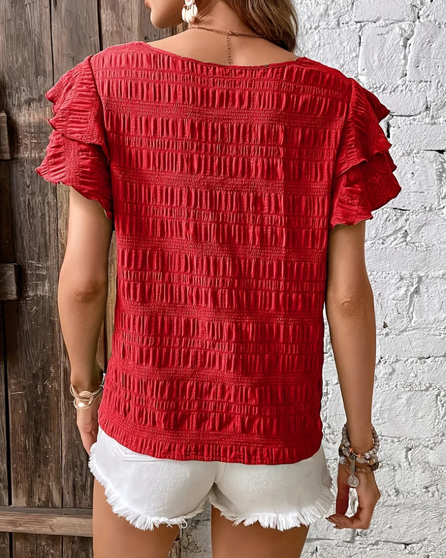 Women's Smocked Bodice Top with Layered Ruffle Sleeves