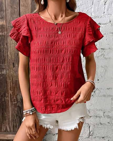 Women's Smocked Bodice Top with Layered Ruffle Sleeves