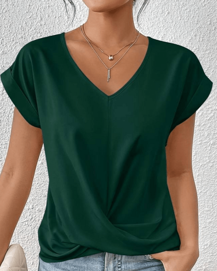 Women's V-Neck Top with Twist Front and Rolled Sleeves