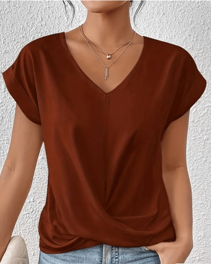 Women's V-Neck Top with Twist Front and Rolled Sleeves