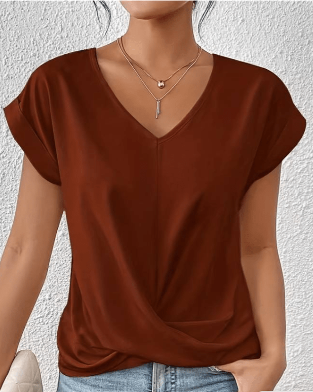 Women's V-Neck Top with Twist Front and Rolled Sleeves