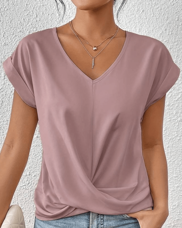 Women's V-Neck Top with Twist Front and Rolled Sleeves