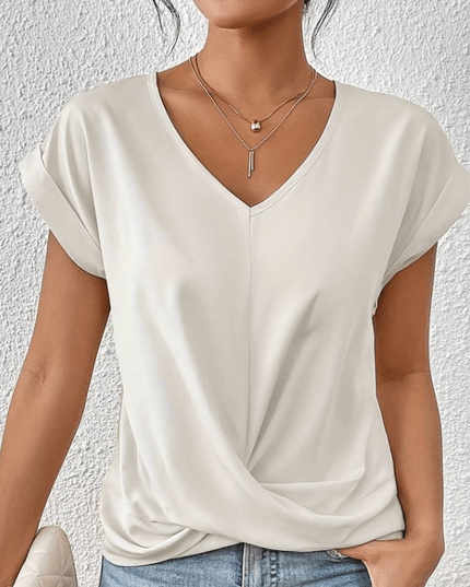 Women's V-Neck Top with Twist Front and Rolled Sleeves