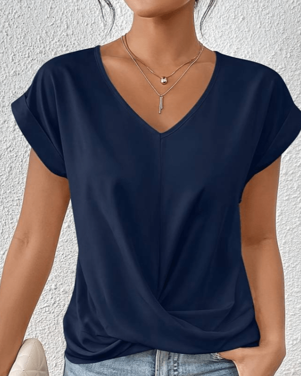 Women's V-Neck Top with Twist Front and Rolled Sleeves