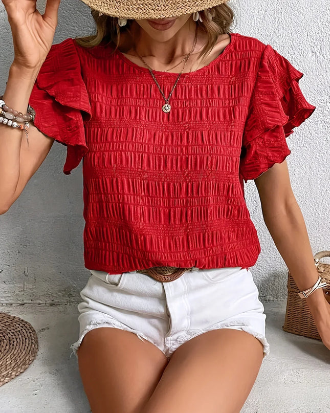 Women's Smocked Bodice Top with Layered Ruffle Sleeves