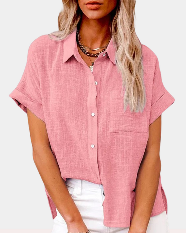 Women's Linen-Look Short Sleeve Shirt with Chest Pocket and Side Vents